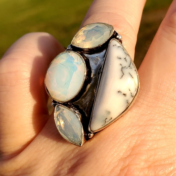 New Dendritic Opal and Milky Fire Opal 925 Silver Ring. - Picture 11 of 16